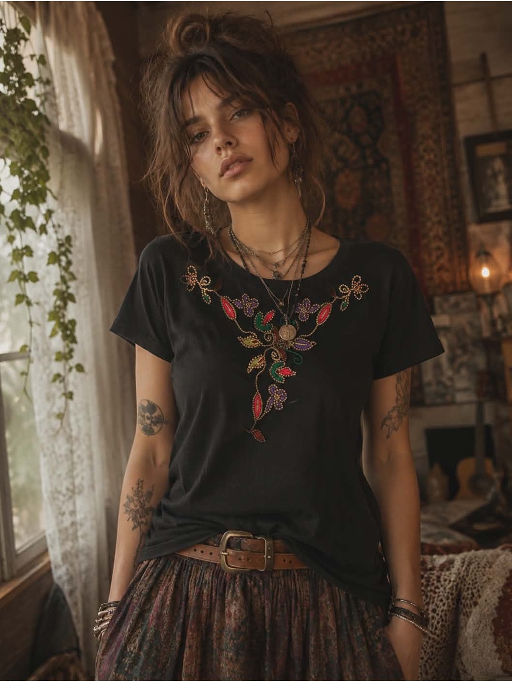 Boho Embroidered Black Scoop Neck Tee